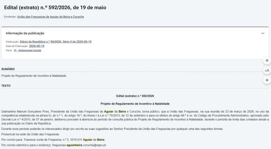 Edital (extrato) n.&ordm; 592/2026, de 19 de maio - Projeto de Regulamento de Incentivo &agrave; Natalidade