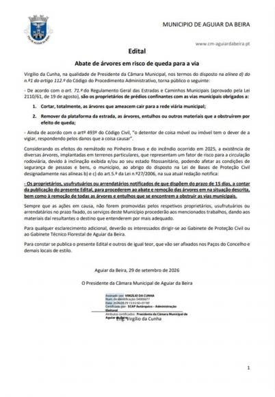 Edital - abate de &aacute;rvores em risco de queda para a via